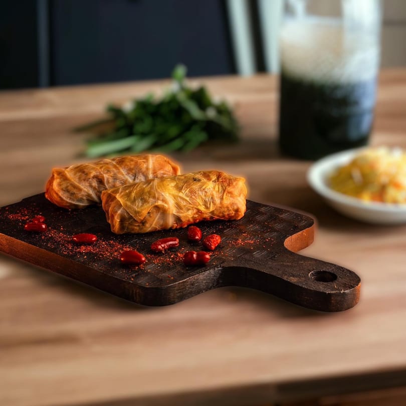 Two golden-brown Georgian cabbage rolls with red spices on a dark wooden board.