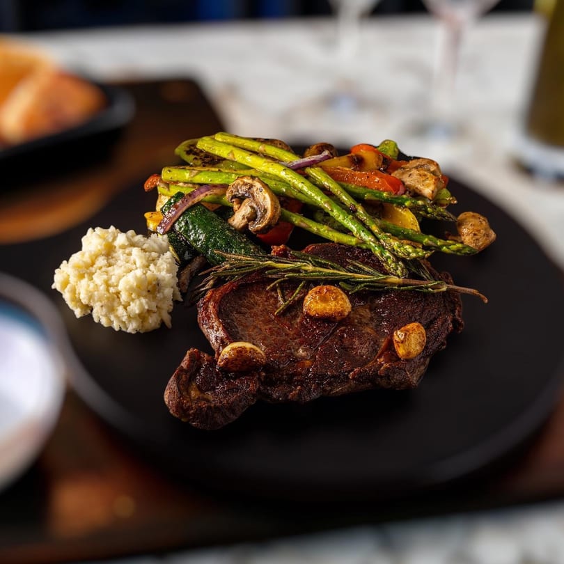 Grilled steak with roasted garlic, rosemary, mashed potatoes, asparagus, zucchini, and mushrooms on a black plate.
