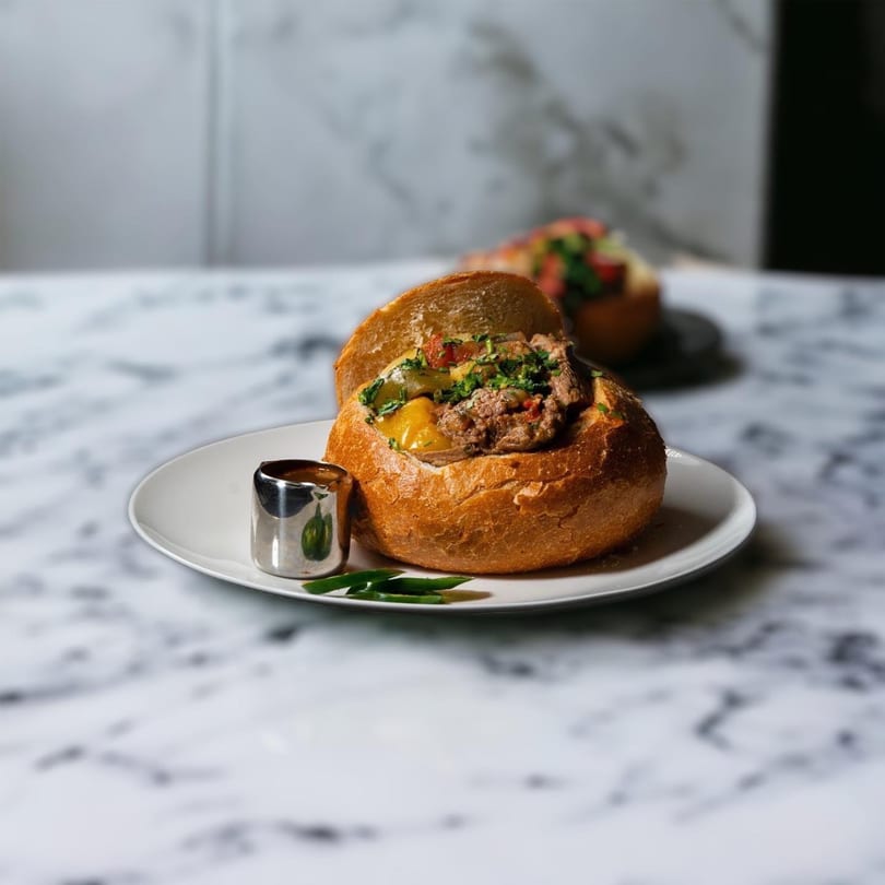Georgian stew with meat and vegetables served in a bread bowl with a side of sauce.